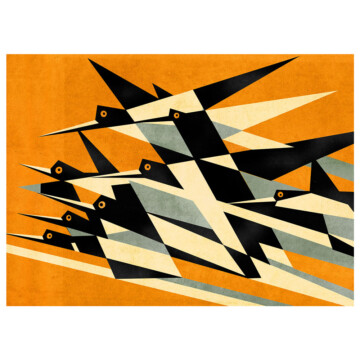 Postal birds homage of graphic abstract bird forms in flight