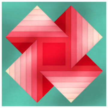 Abstract square composition with crossed squares in pink on a teal background