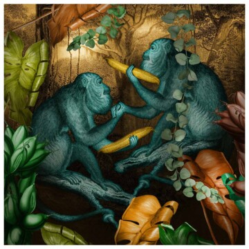 Delilah & Samson, blue monkeys amongst hand painted botanicals, from our primate series of prints