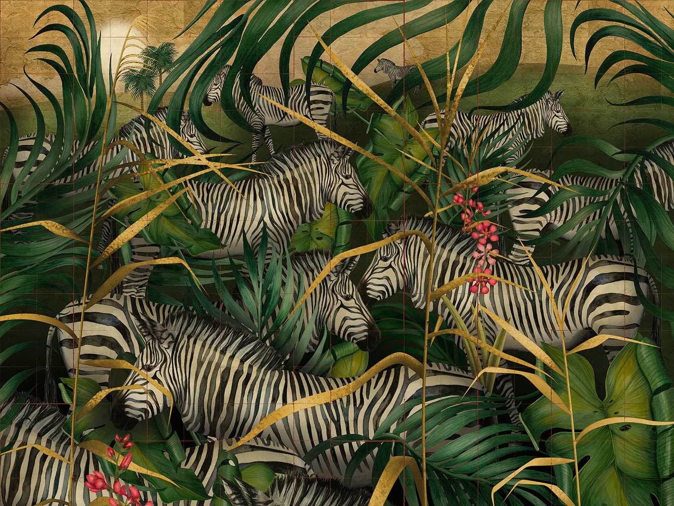 Twilight Zebra design with jungle scene and striped zebra amongst foliage