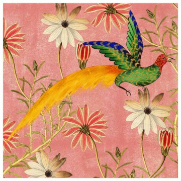 Vivid green bird set against soft blush pink background and white florals