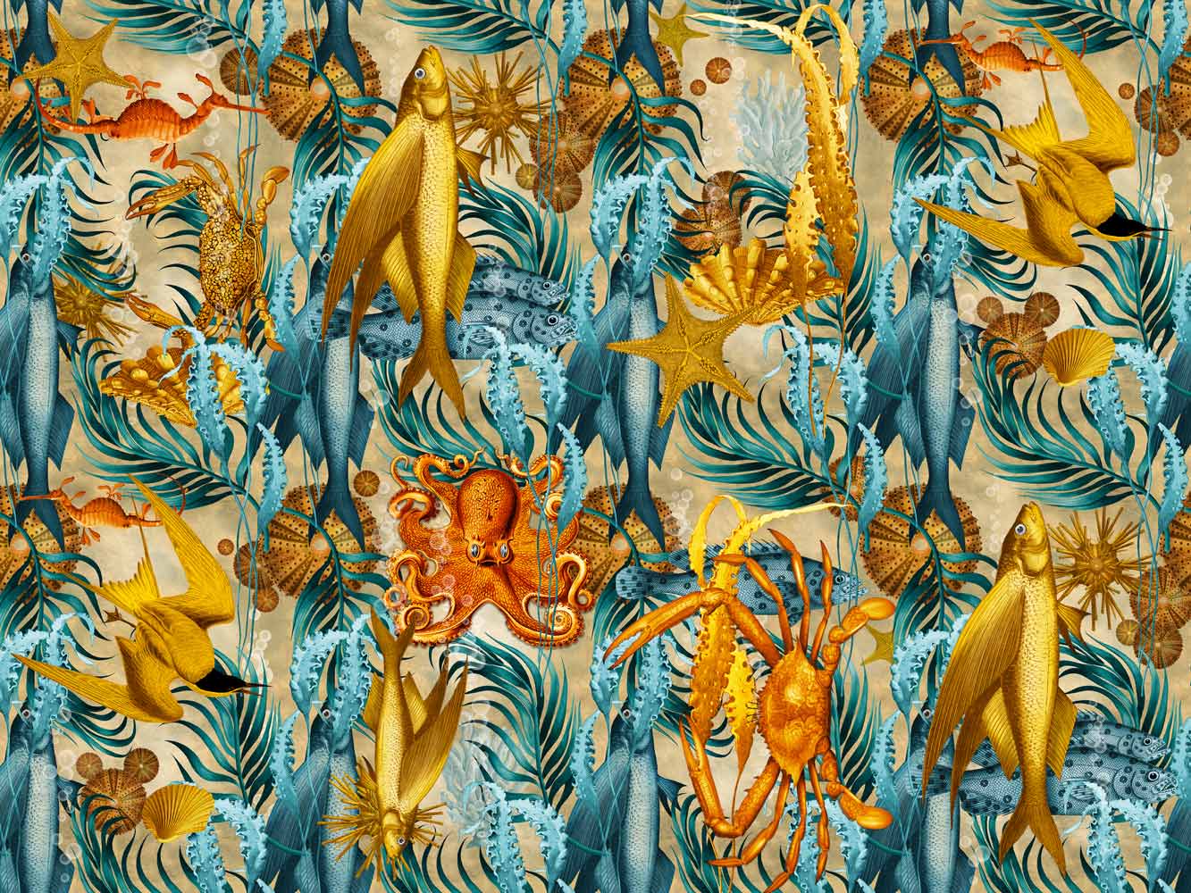 Ionian design repeat in fabric weave base and aquatic animals