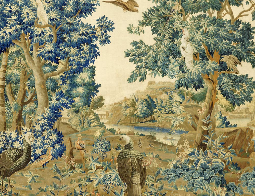 Jacquard Tapestry artwork detail with distant landscape and river birds