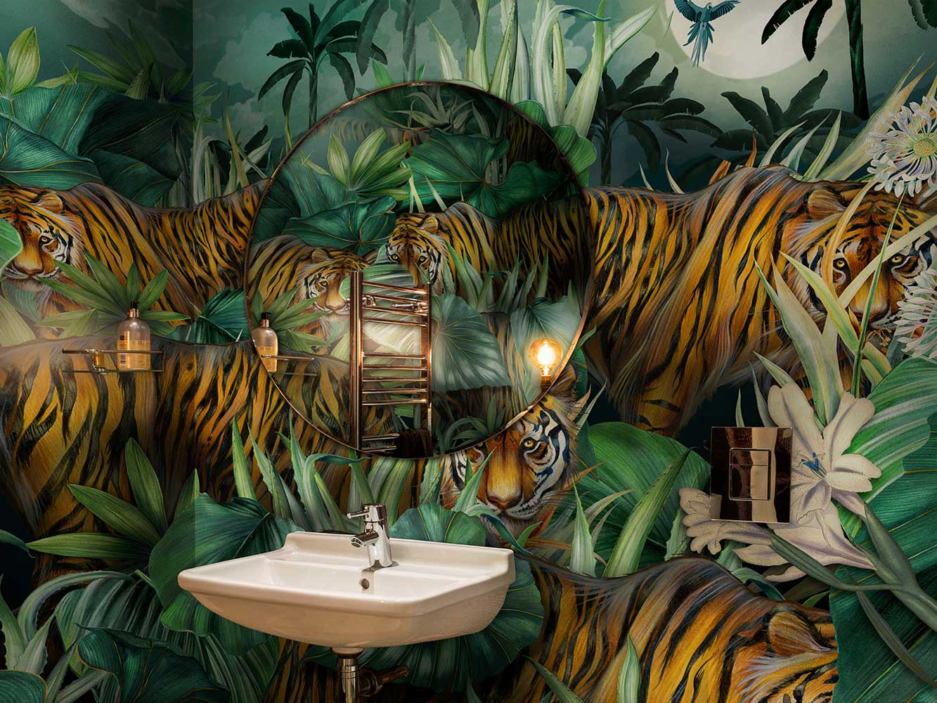 Tiger ambush scene in bathroom interior