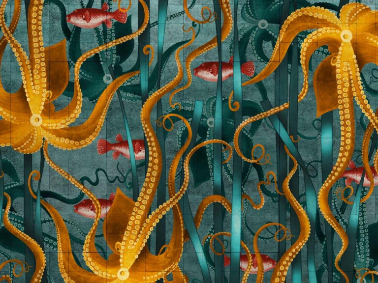 Kraken design landscape scene with golden octopus intertwined with blue seaweed ribbons