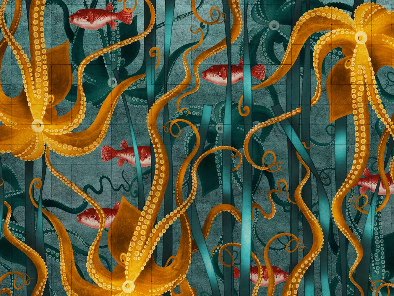 Kraken design landscape scene with golden octopus intertwined with blue seaweed ribbons