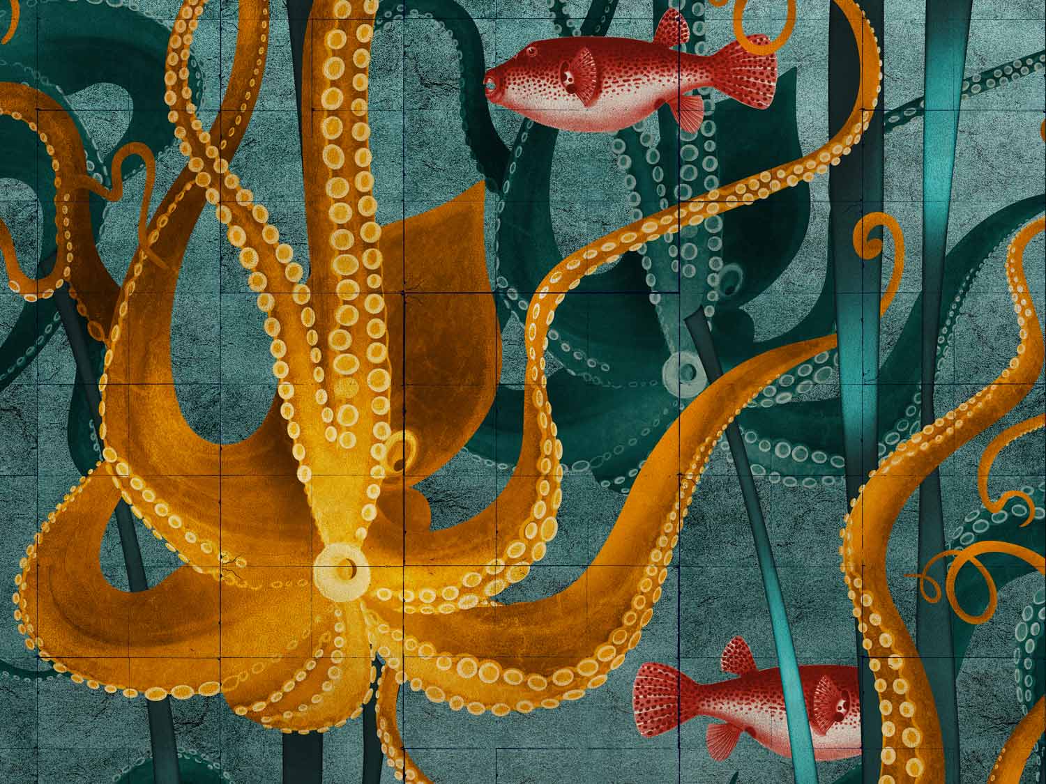 Kraken design in Golden colourway detailed crop of artwork
