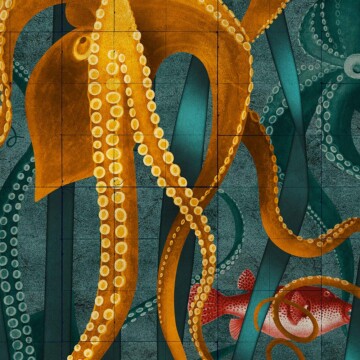 Kraken detail with octopus tentacles and ribbon seaweed