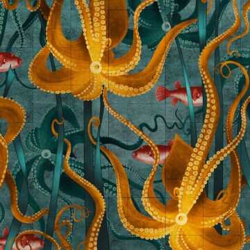 Kraken design in golden colour way with octopus intertwined with long seaweed ribbons