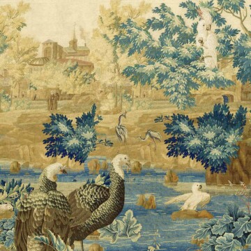 Jacquard tapestry design in ochre colourway, featuring native aquatic birds and country wildlife