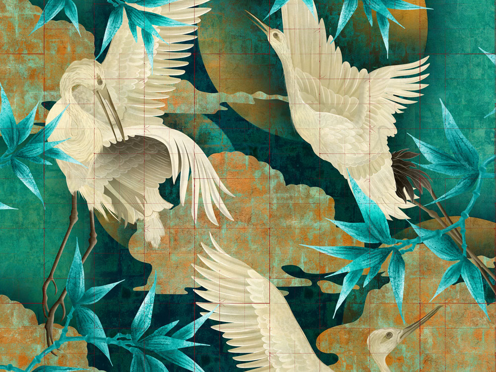 Cropped section of 'storks at dusk' with detailed Asian Storks and aquamarine bamboo