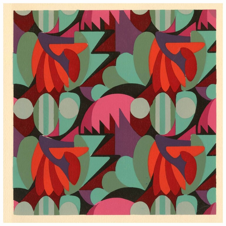 Kaleidoscope print 11 in reds and green abstract shapes