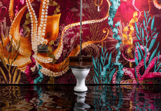 Drummonds Bathrooms collaboration with our Octopus's Garden wallpaper design in background