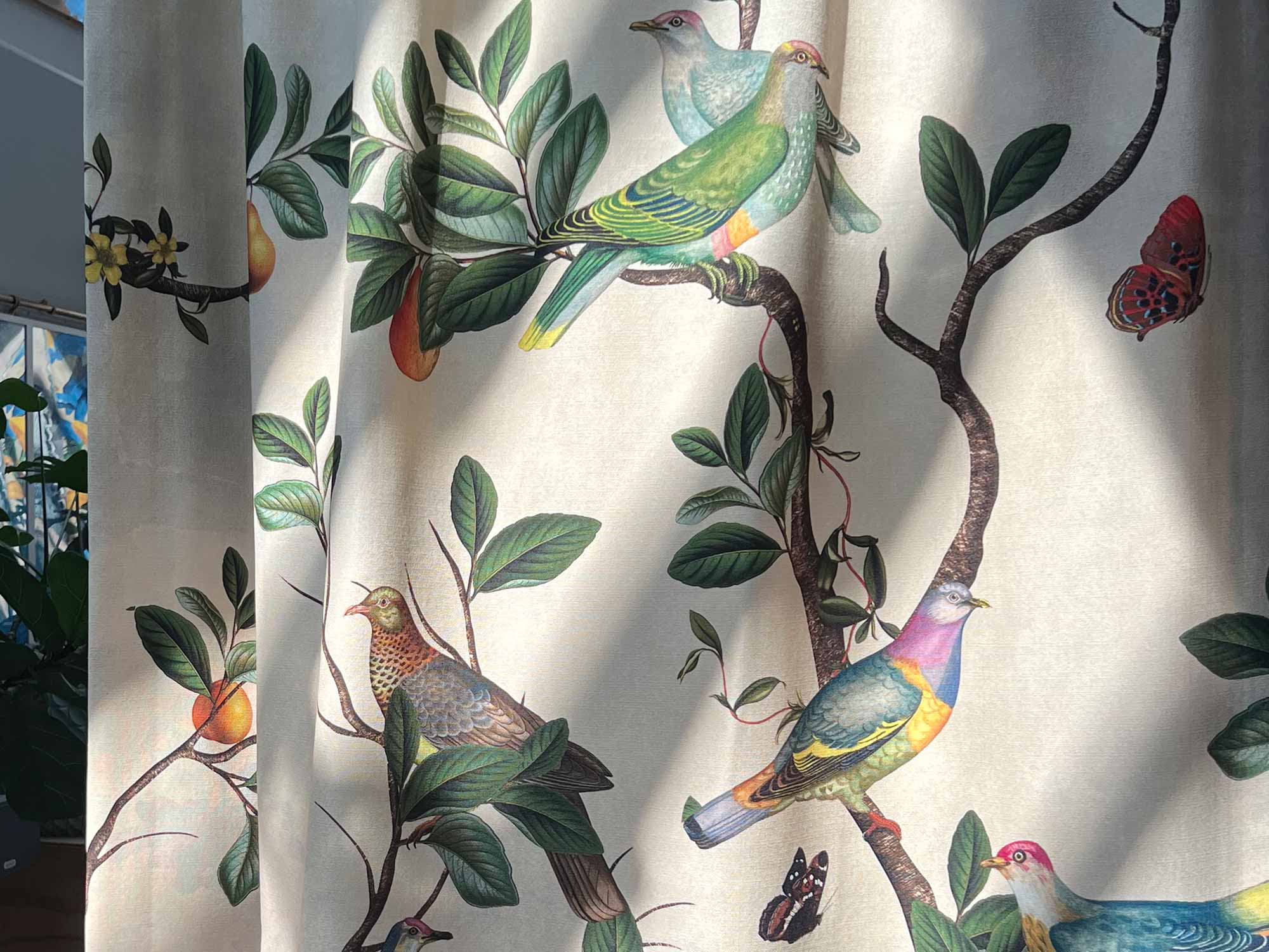 Columbidae design printed to a linen base curtain