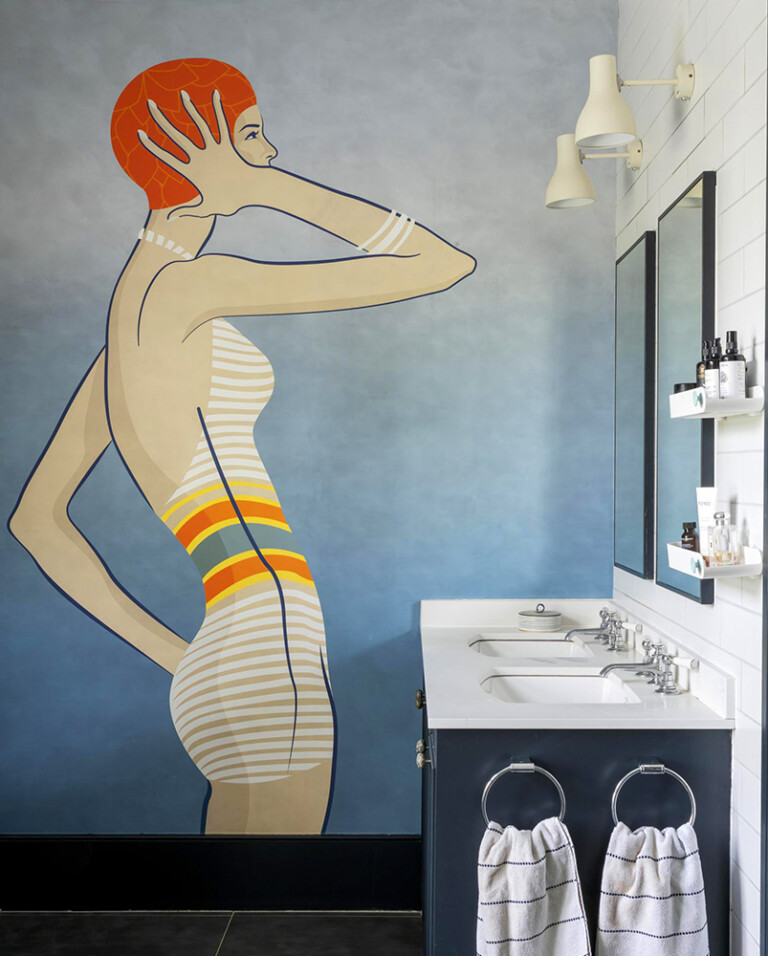 Washroom wall showcasing our striped swimsuit print from the Ellis Edition Beach series