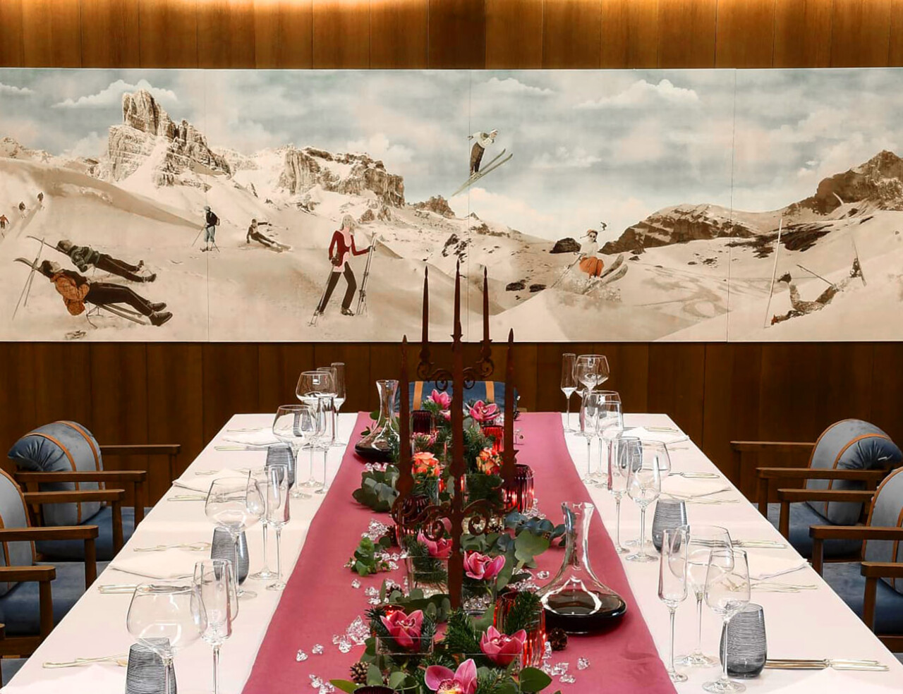 Bespoke skiing scene created by the studio with re-coloured vintage photographs of skiers
