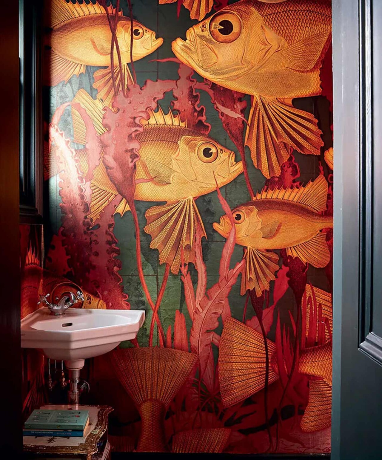 glass eye fish wallpaper hanging in downstairs toilet