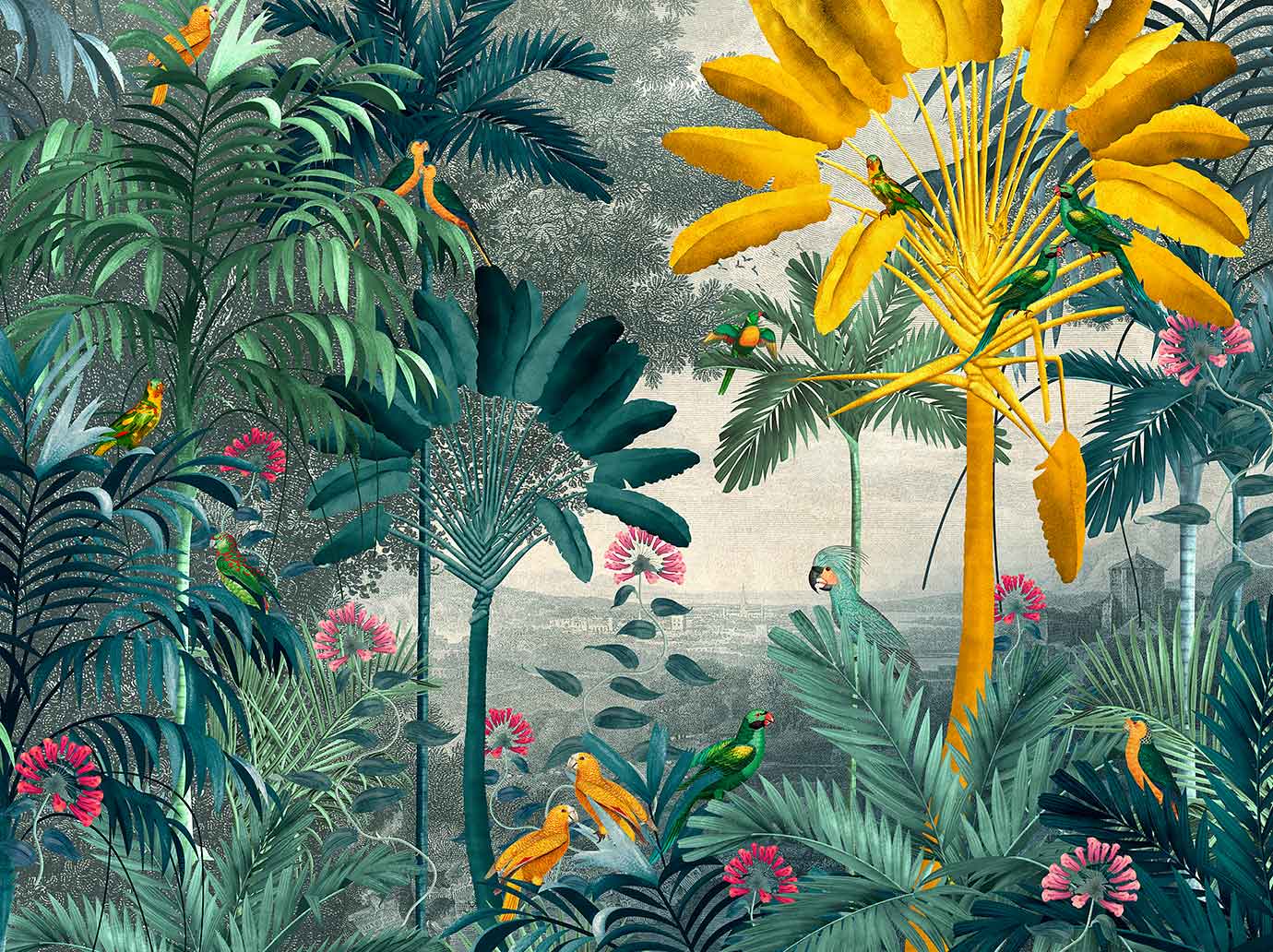 Macaw Kingdom scene design richly layered with palms and cool botanicals