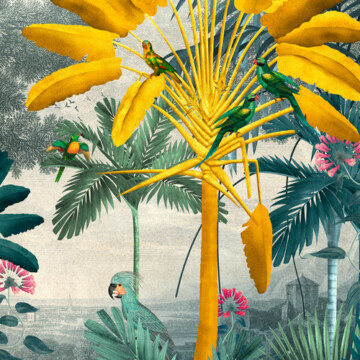 Macaw Kingdom design featuring large yellow palm amongst cooler botanical tones and soft distant landscape