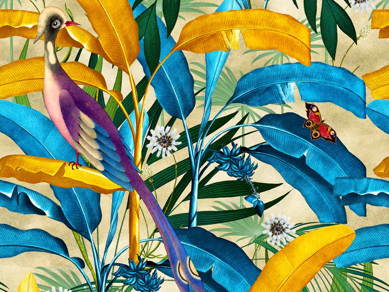 Detail of the Musa wallpaper design with blue and yellow palm trees and exotic bird