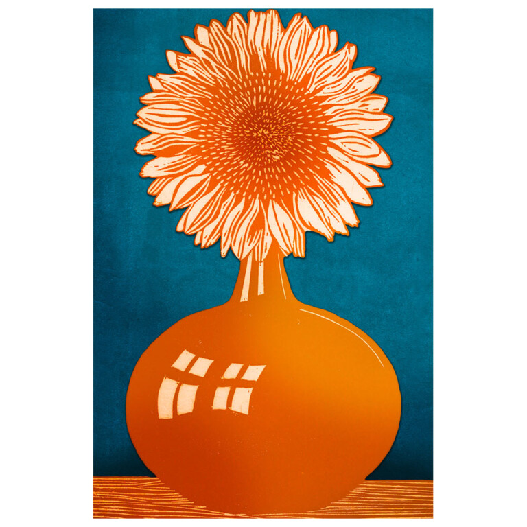Orange Sunflower in round vase woodblock print against blue background