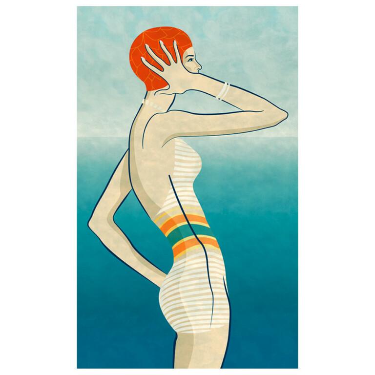 Swimmer standing on the shore with striped suit and vivid swim cap