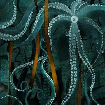 Deep ocean wallpaper colour way of the kraken design in inky blues and moody tones