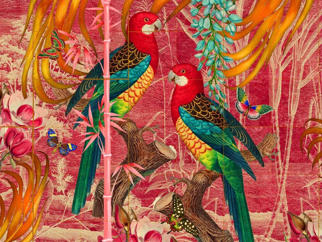 Red headed parrots from the New World wallpaper in Rouge colourway