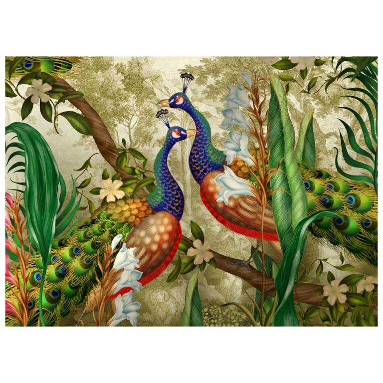 Indian Peafowl pair in tropical landscape background from our Exotic India series