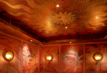 Elm Park fabric wall panelling and ceiling wallpaper with solis sun design