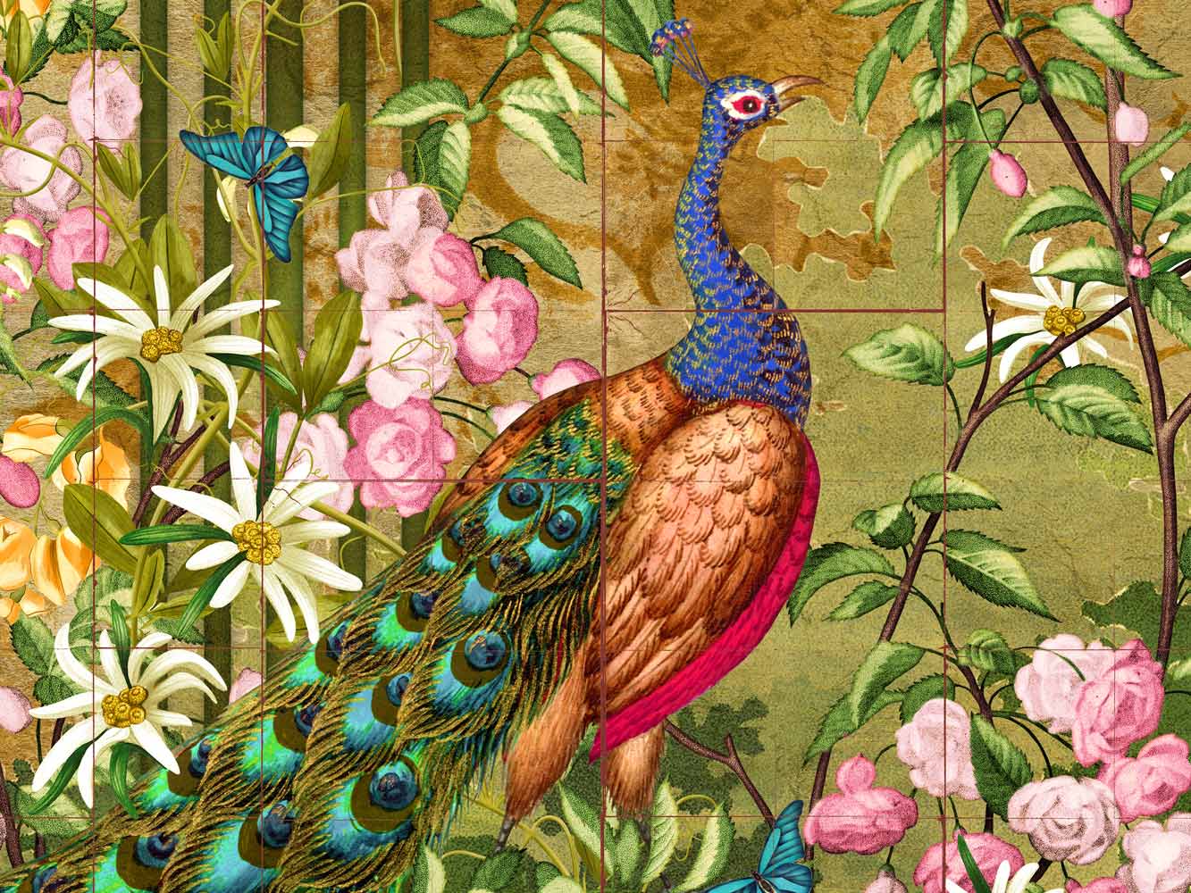 Peacock amongst foliage in the Pergola wallpaper design