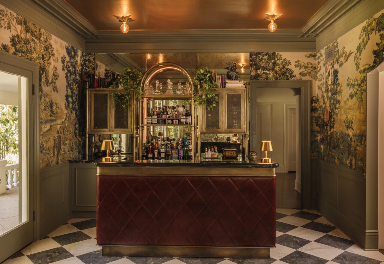 Irving Blvd bar area with our jacquard tapestry wallpaper