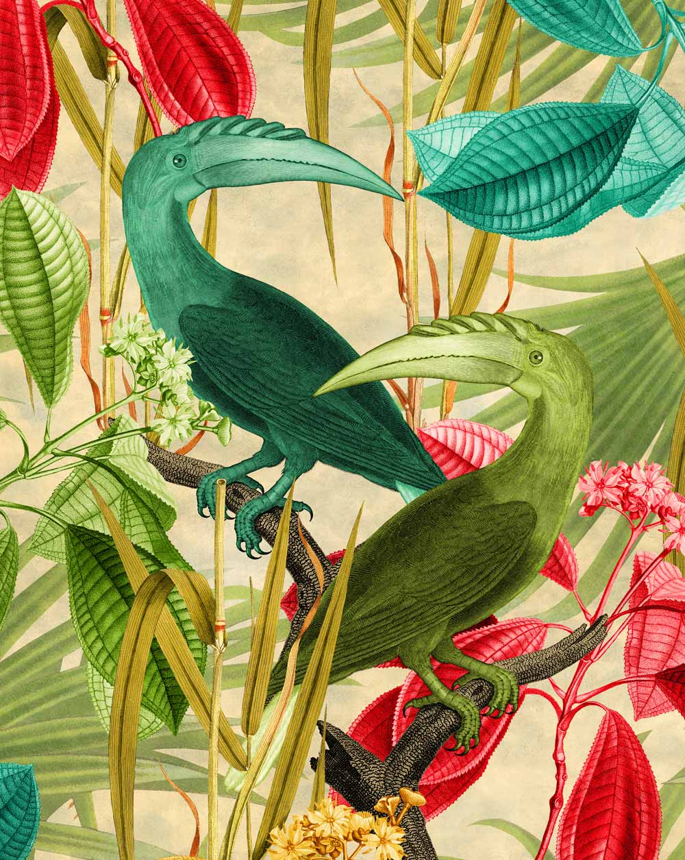 Jungle Hornbills wallpaper with teal and green birds amongst punchy yellow and pink botanicals