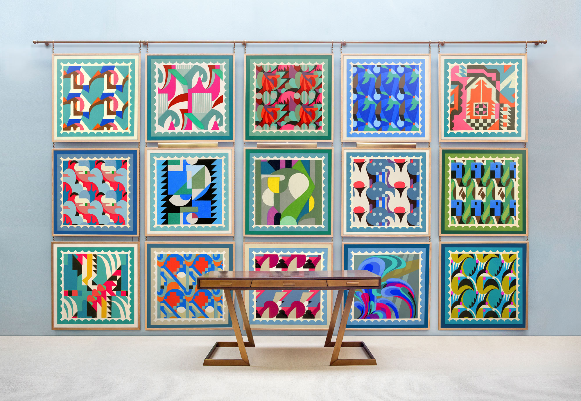 Scalloped Kaleidoscope series hanging in the gallery with Julian Chichester desk