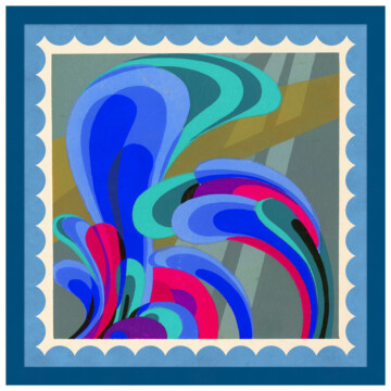 Kaleidoscope design in blue tones and scalloped border