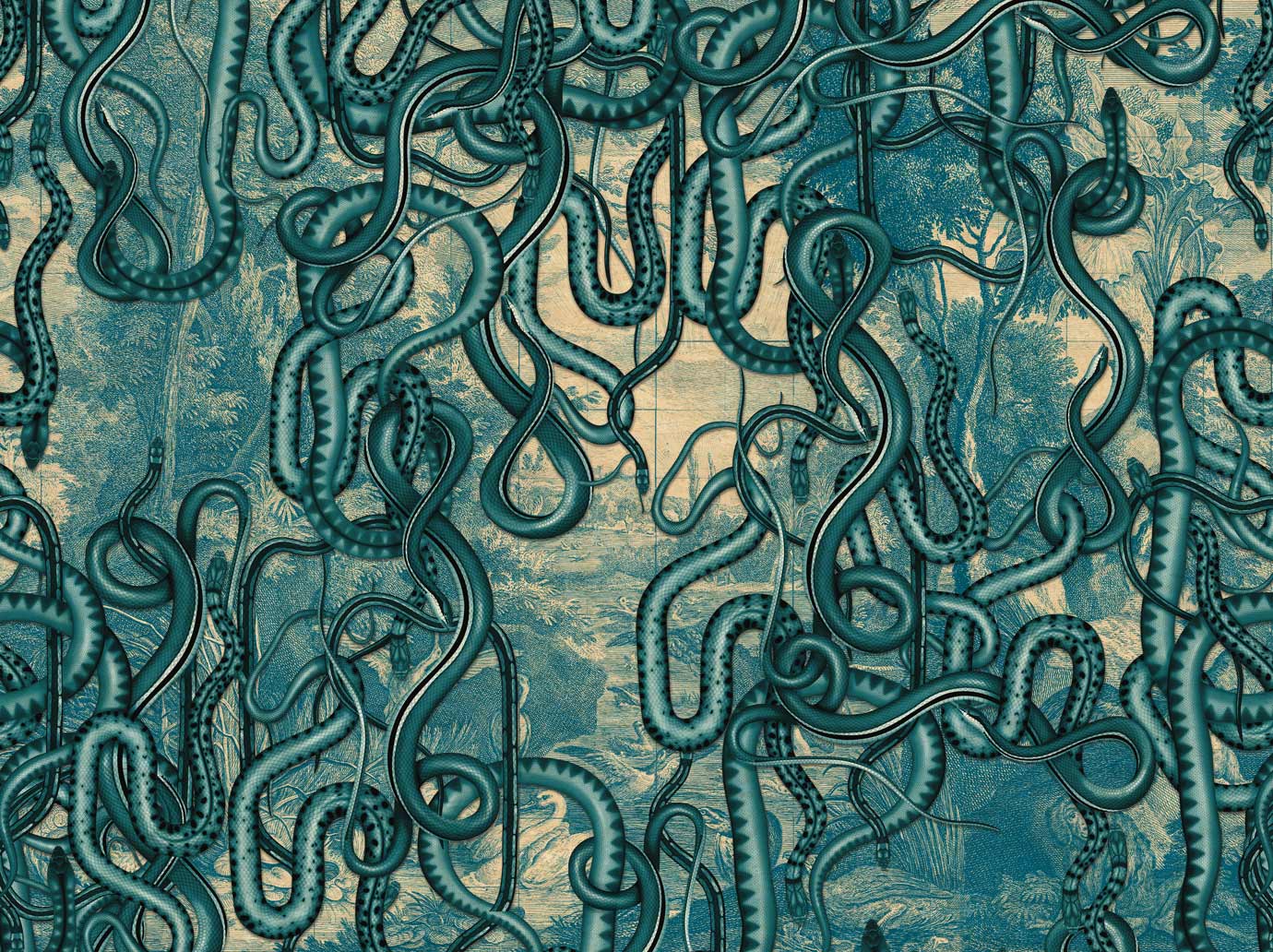 Serpents design in landscape format featuring weaving snakes against a garden of eden background
