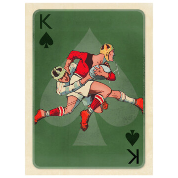 Rugby players against a green playing card king of spades