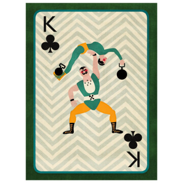 Two strongmen set against a zig zag pattern is the king of clubs playing card