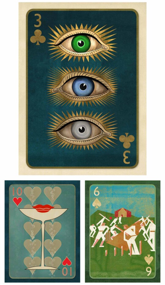 Eyes playing card with cocktail and cricket below