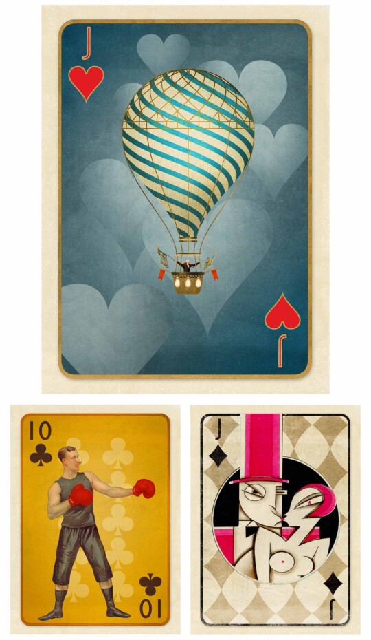 Set of three playing cards including hot air balloon, boxer and smooch from our Ellis Editions