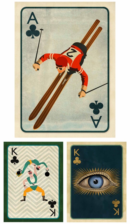 Skier playing card and strong man plus blue eye beneath