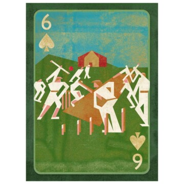 Abstracted Cricket players on the six of spades playing card