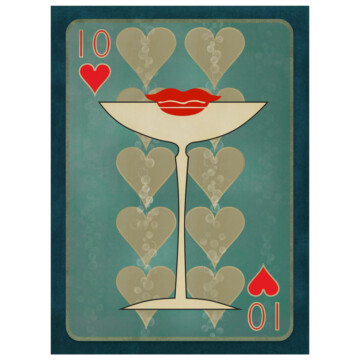 Cocktail glass set against ten hearts playing card