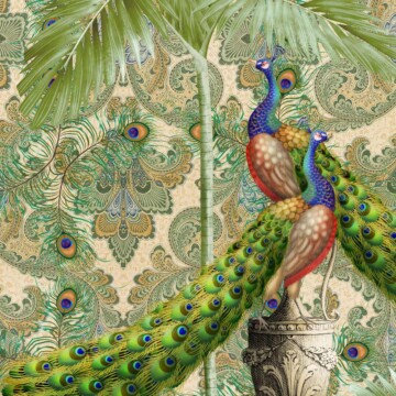 Pavonini Damask wallpaper design with customisable peacock and palm elements